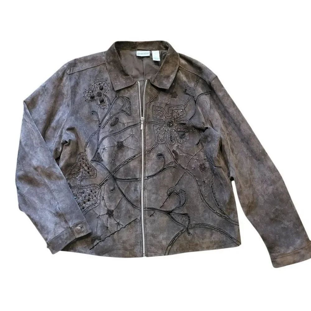 Vintage Chico's Jacket Women's XL Brown Suede Leather Beaded Embroidered